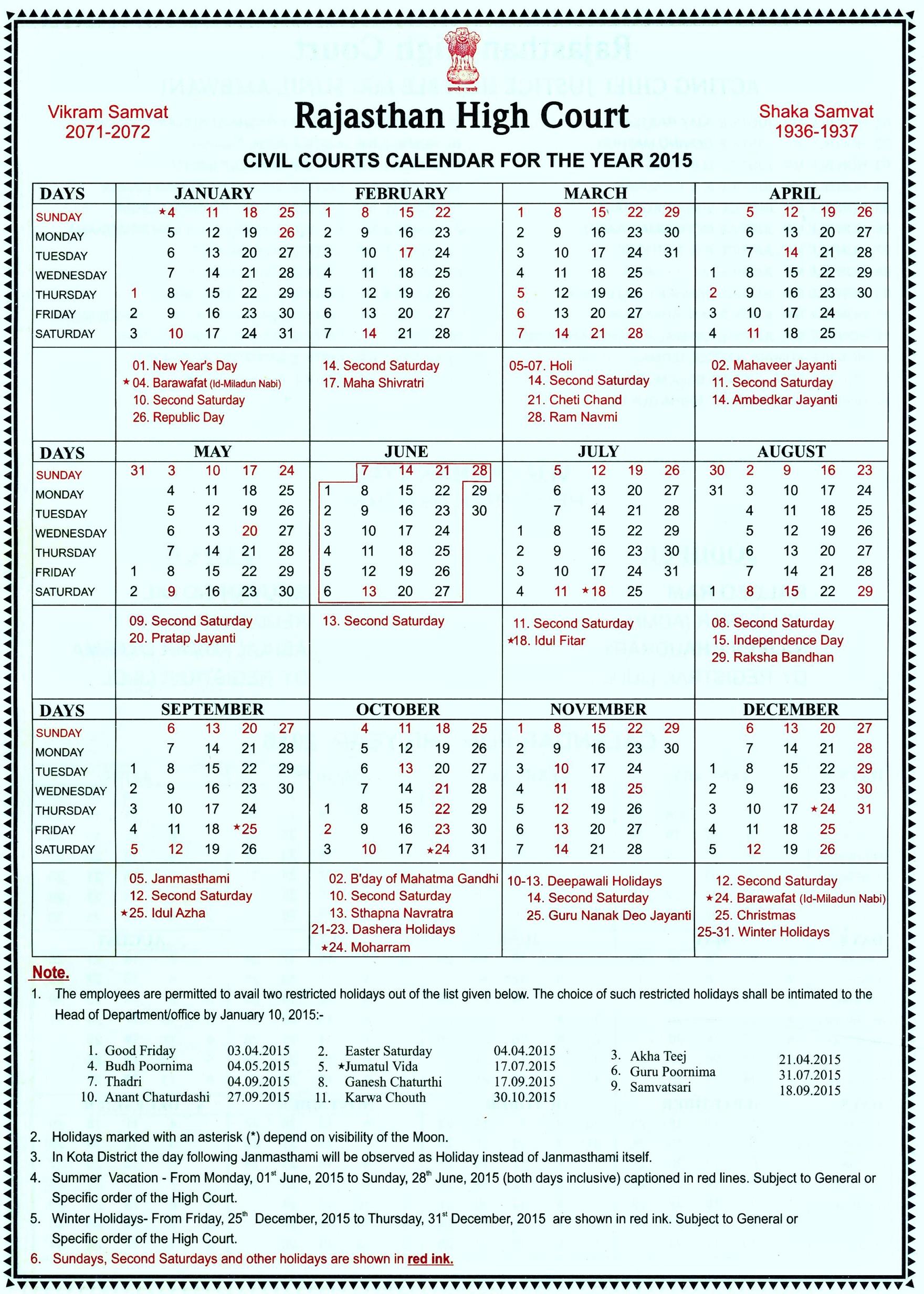 Rajasthan High Court (Civil Courts) Calendar 2015