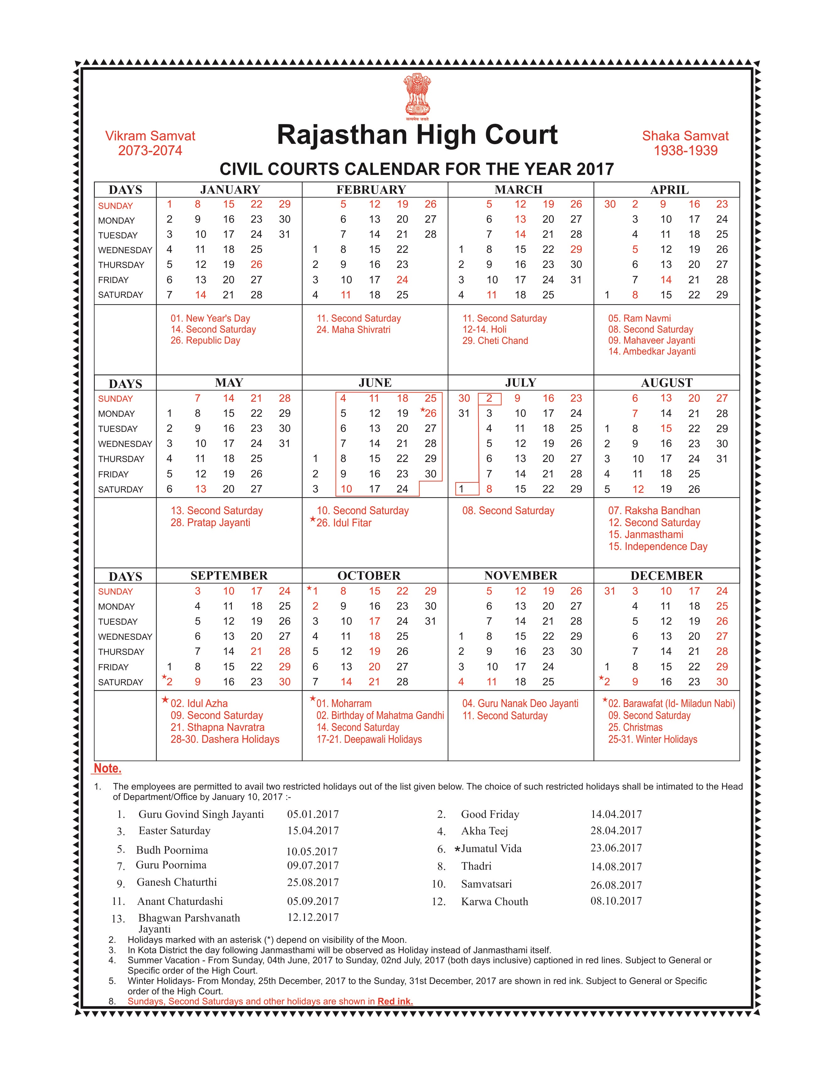 Rajasthan High Court (Civil Courts) Calendar 2017